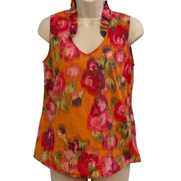 Size 0 Sleeveless Blouse J. Crew 100% Cotton Watercolor Orange Pink Red Floral R - Picture 3 of 8